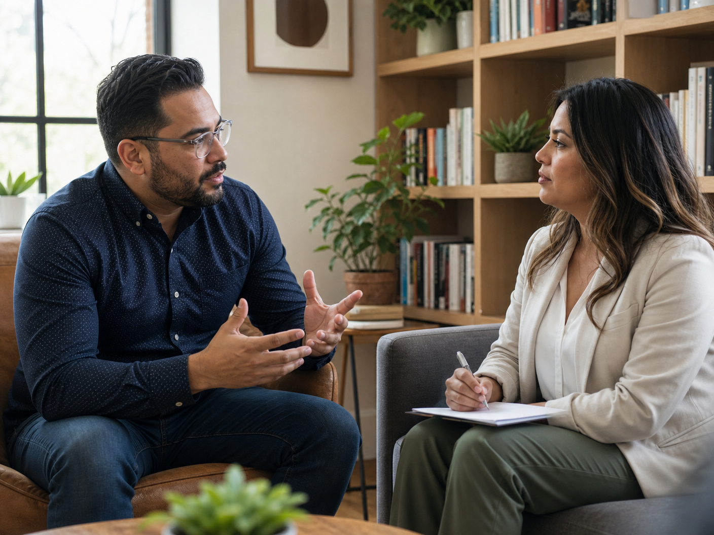 Two providers in conversation in a warm, sunlit office