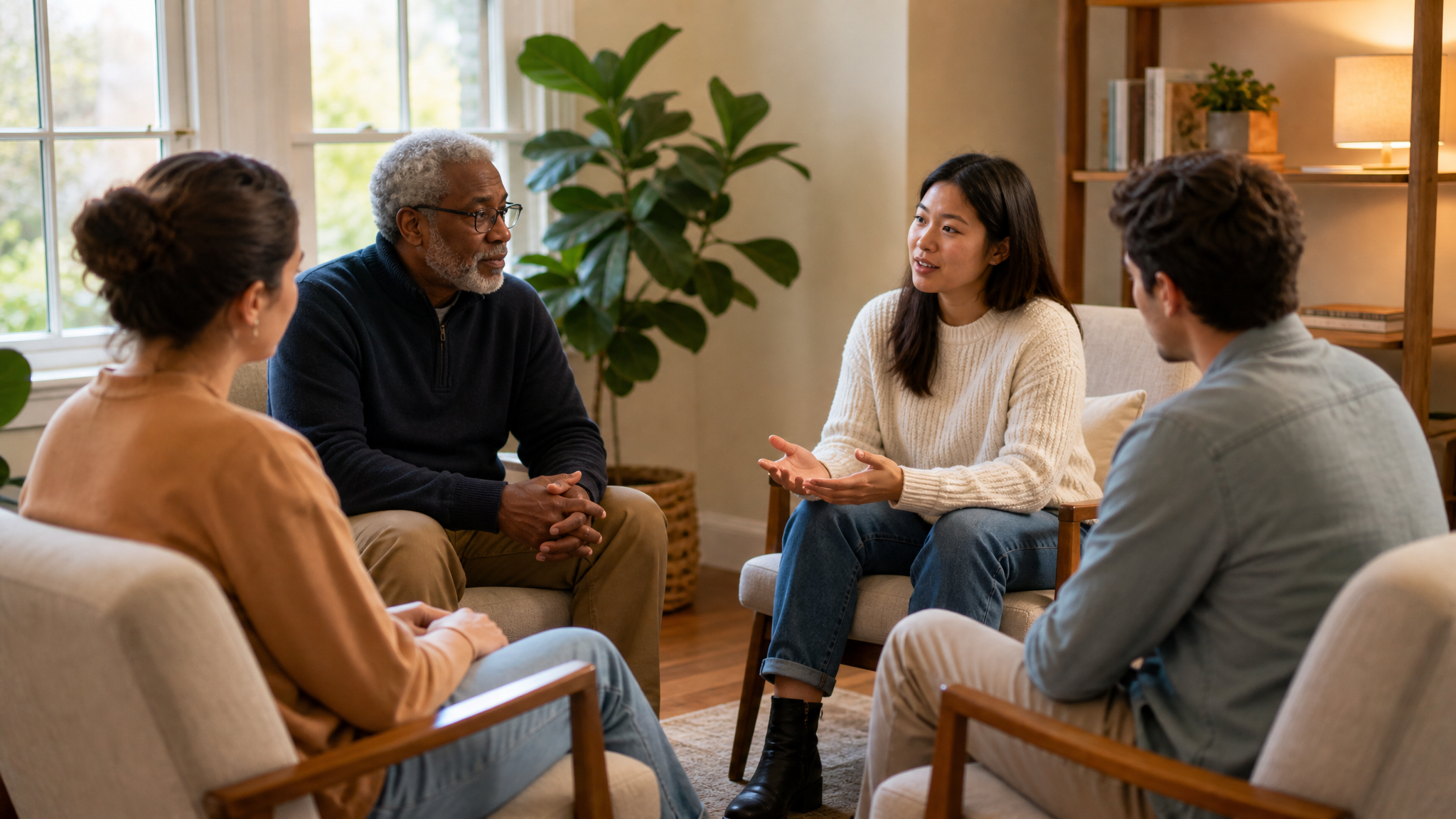 A diverse group of people in a supportive group therapy session