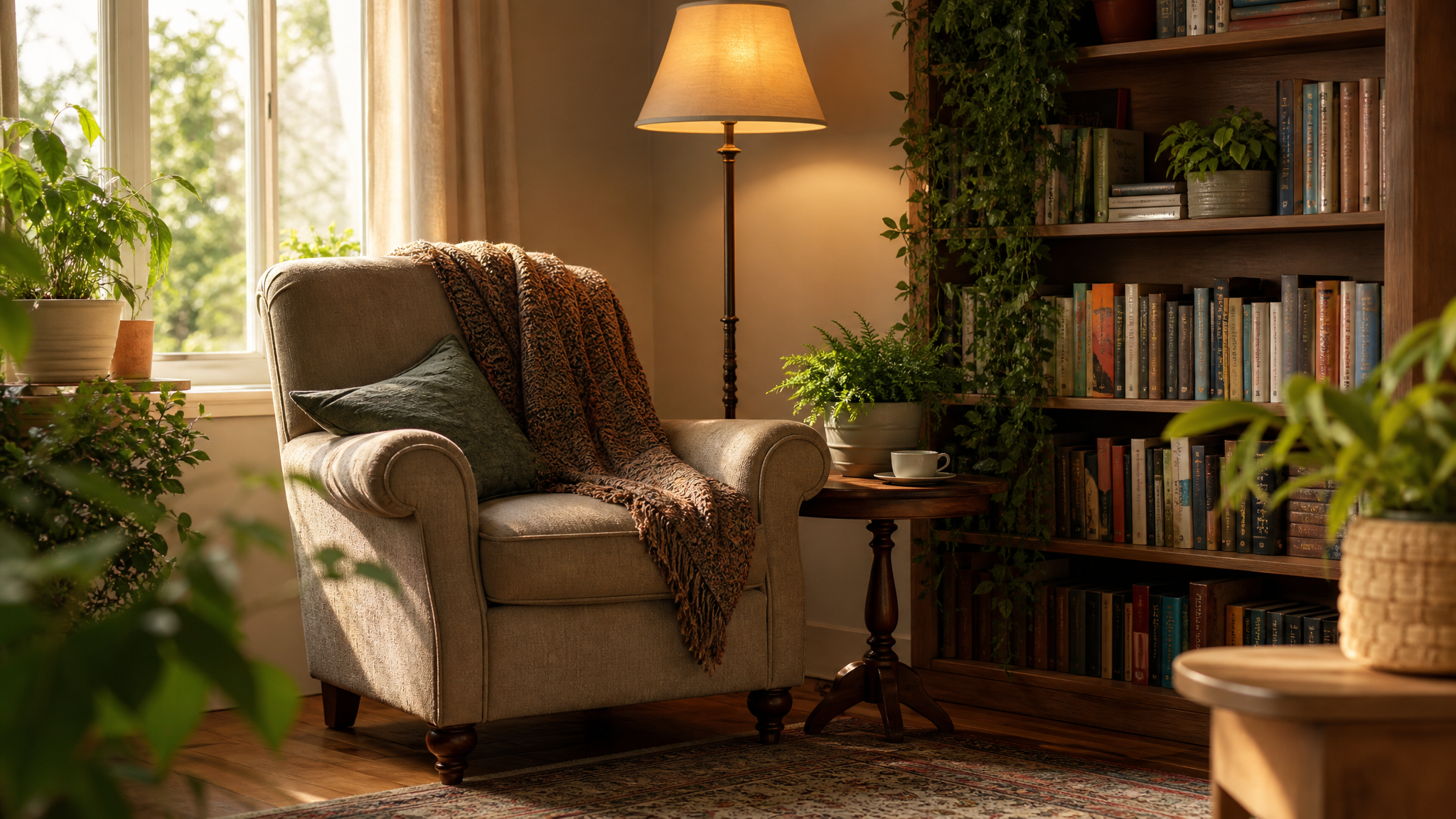Sunlit reading nook with plants and a comfortable chair