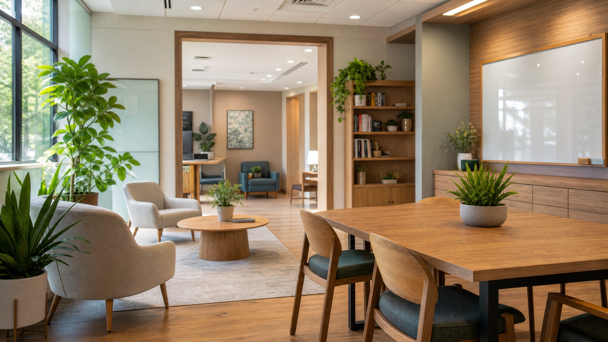 A welcoming, modern mental health clinic with warm lighting and plants