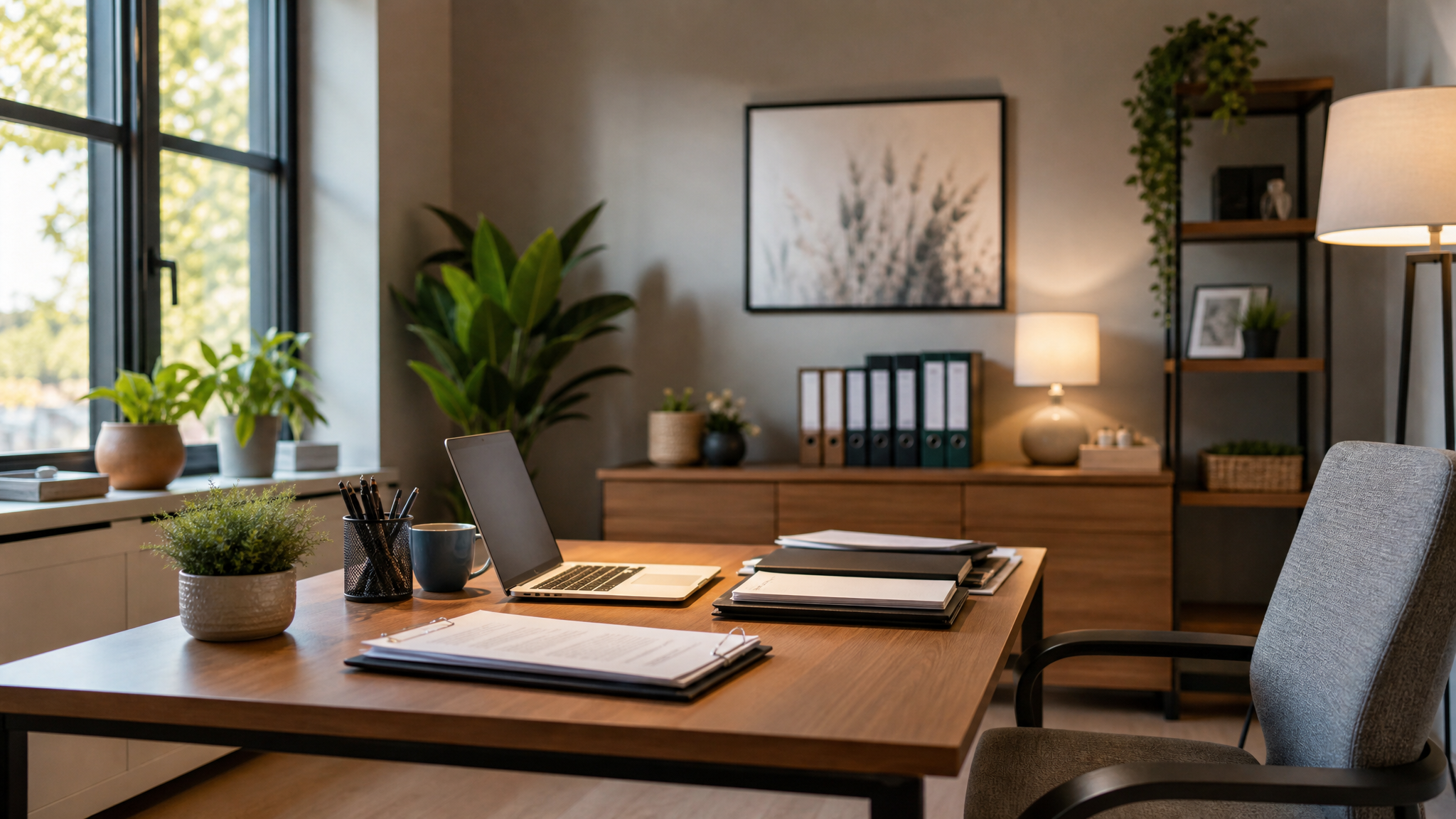 A care coordinator working with a client in a bright office setting