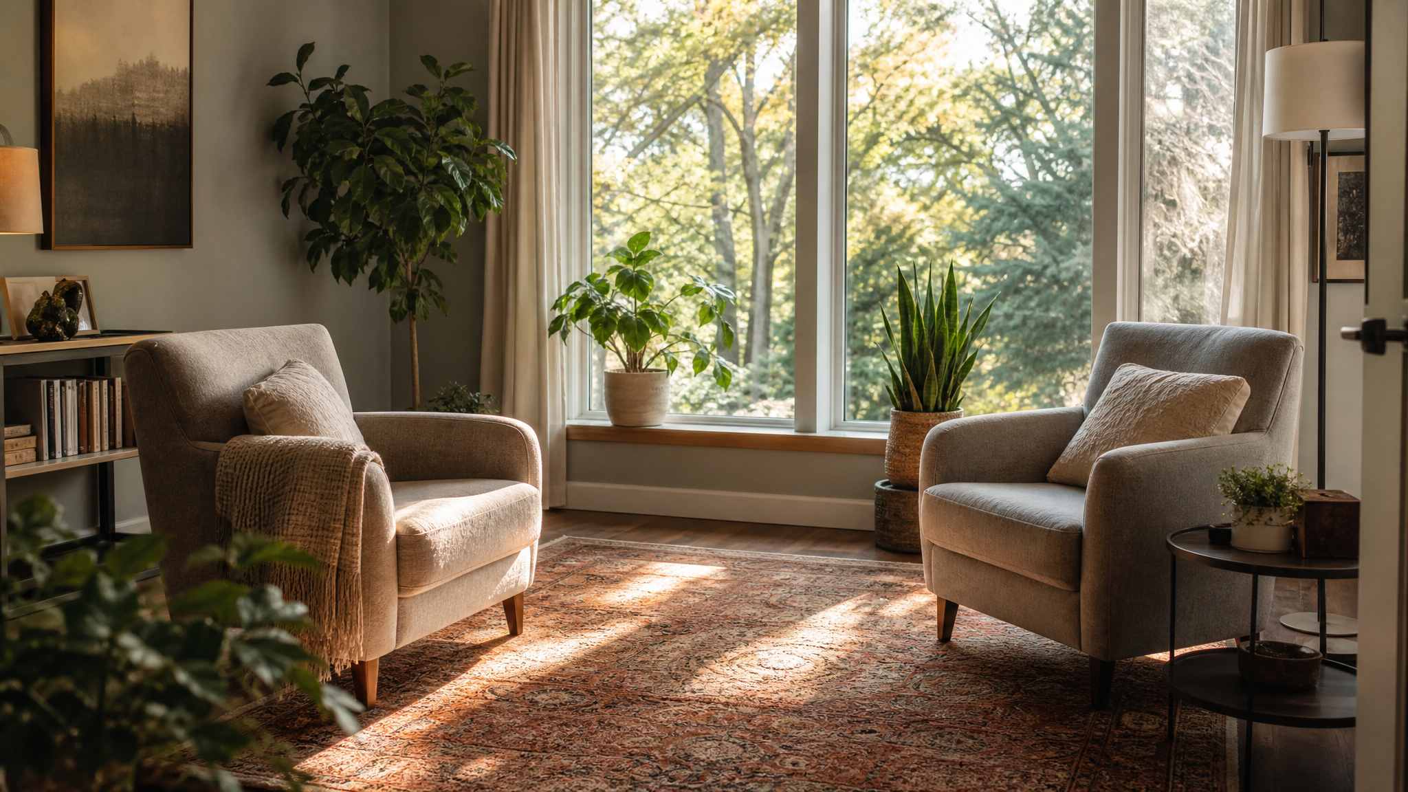 A warm, comfortable therapy office with two chairs and soft lighting