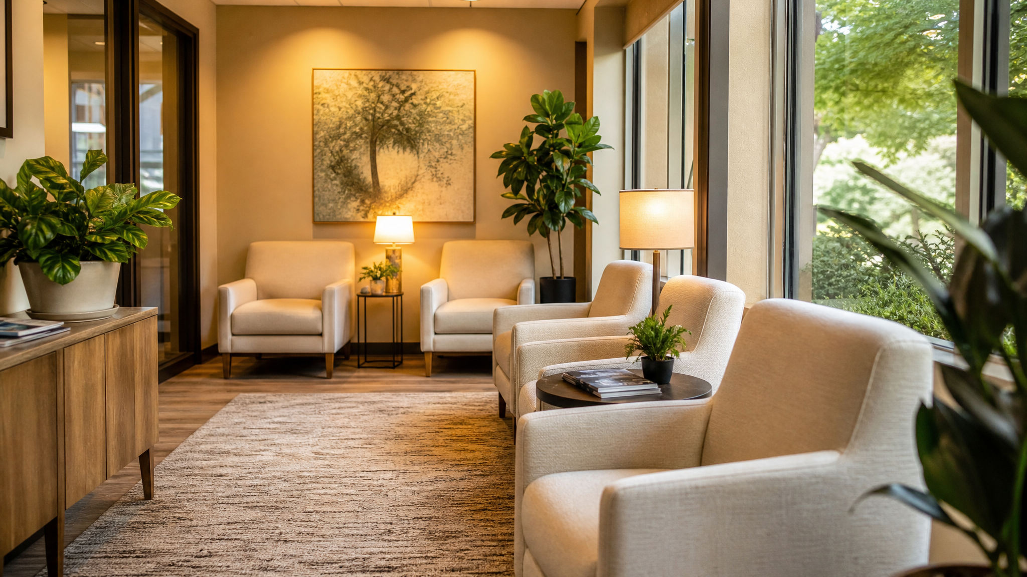 Warm waiting room with comfortable seating and natural light