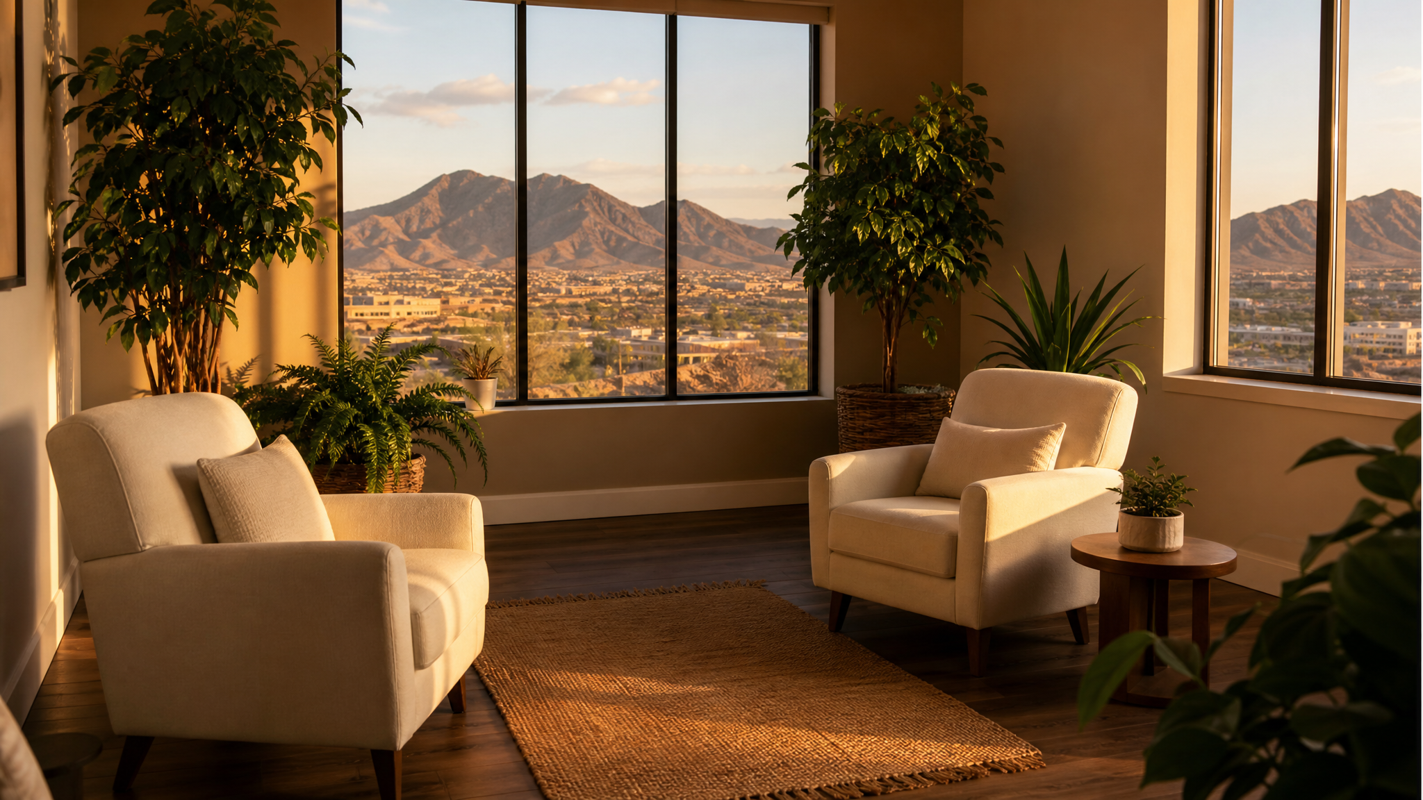Peaceful therapy setting with warm natural light and plants