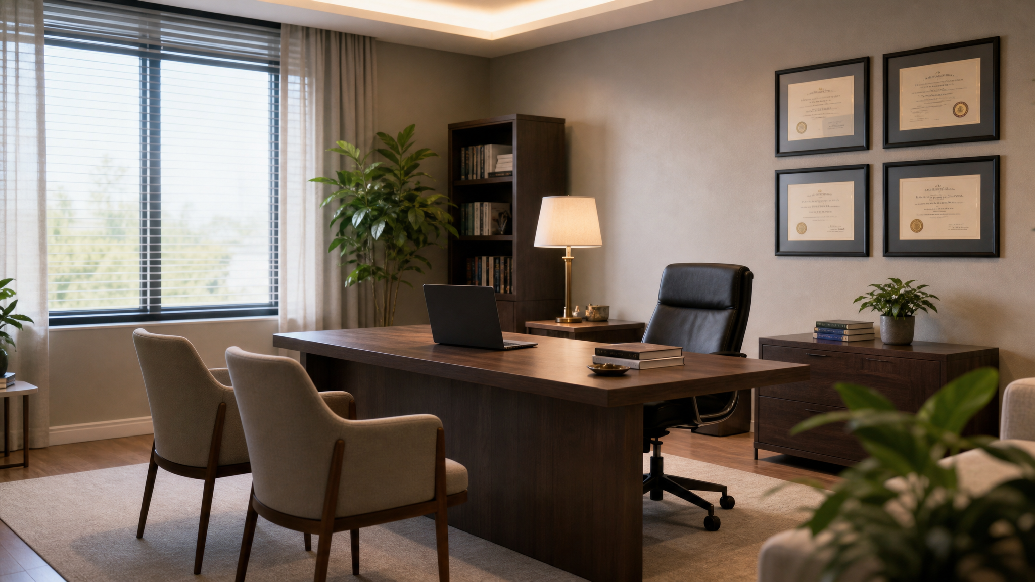 A calm, clean medical consultation room with warm lighting