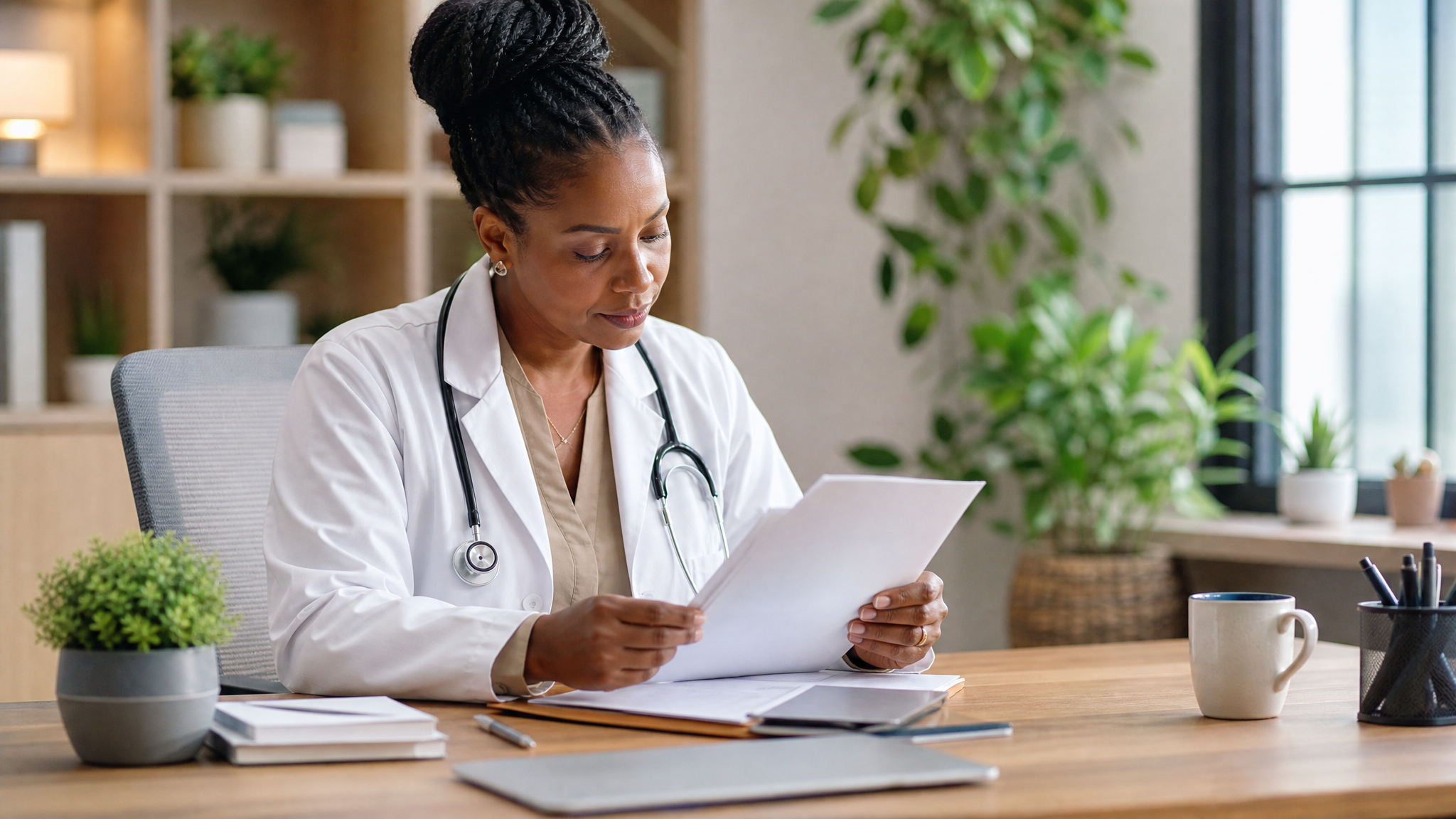 A provider reviewing a patient referral form at a desk