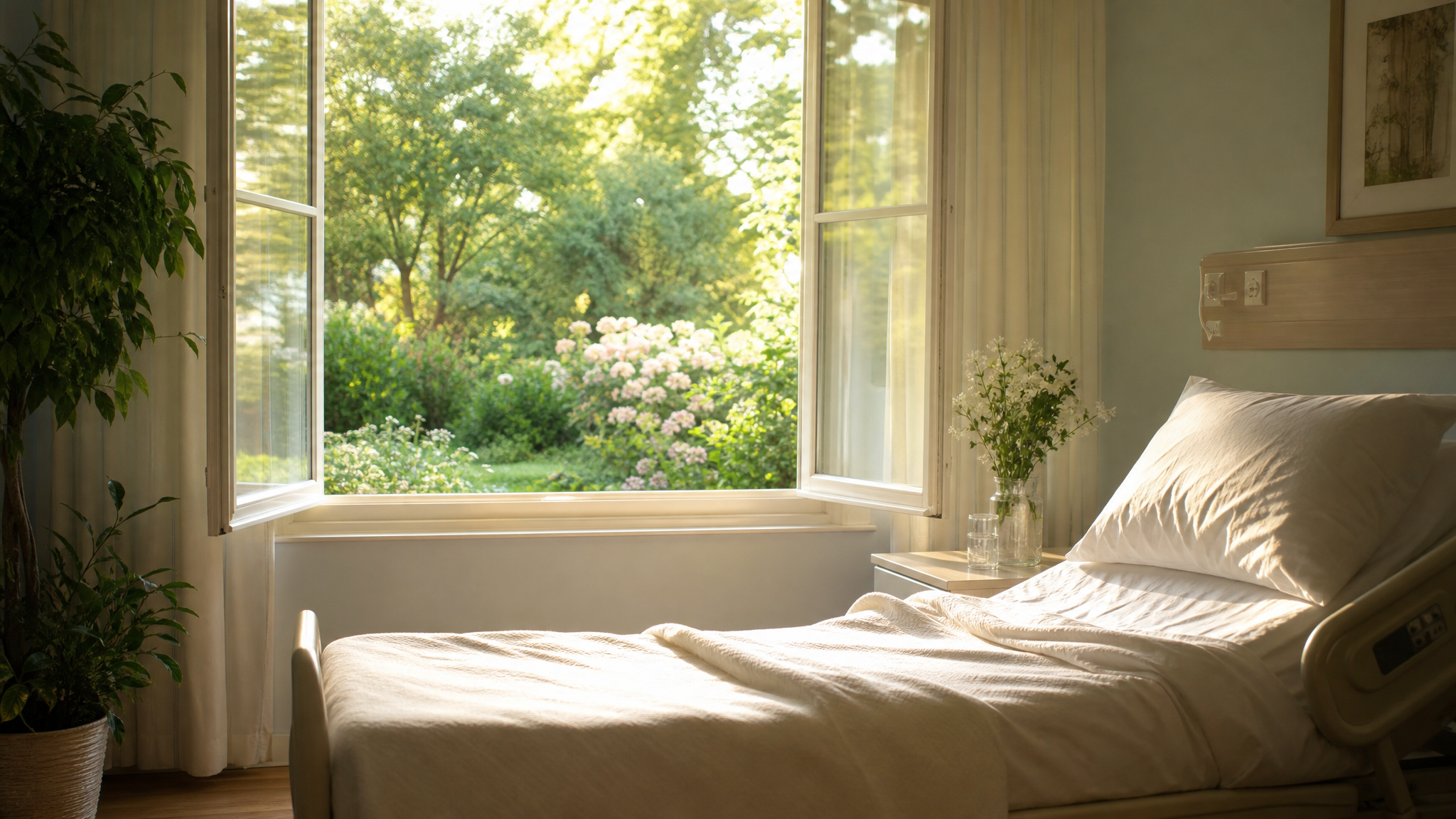 Peaceful recovery setting with natural light and warm tones