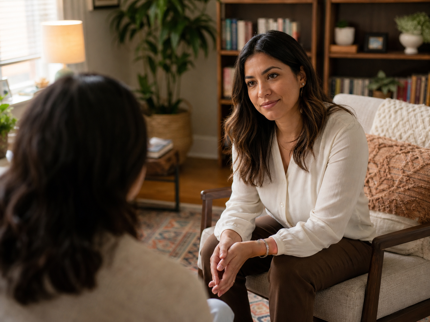 Two people in a warm therapy setting, engaged in conversation