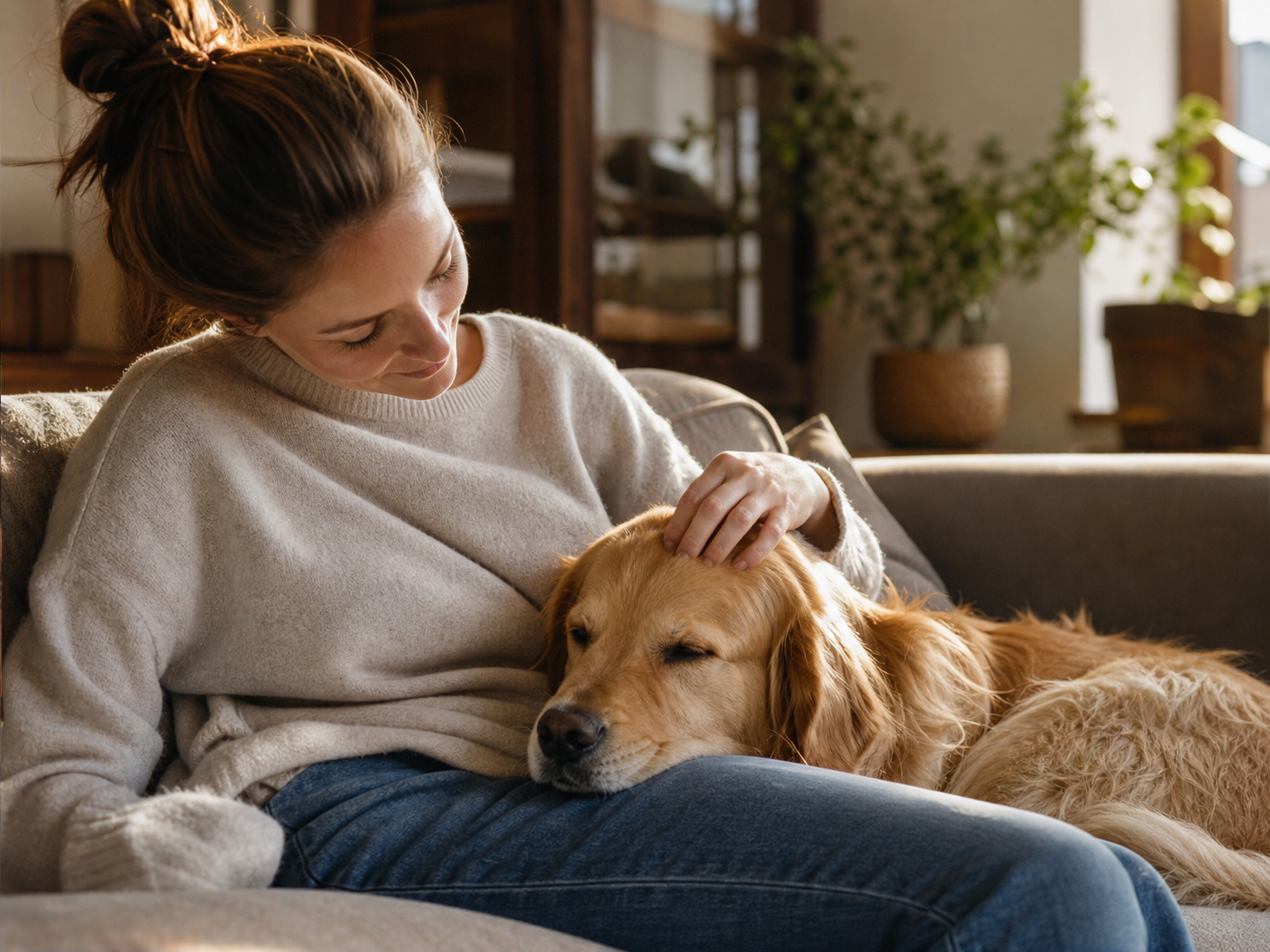 A person sitting comfortably with their emotional support dog