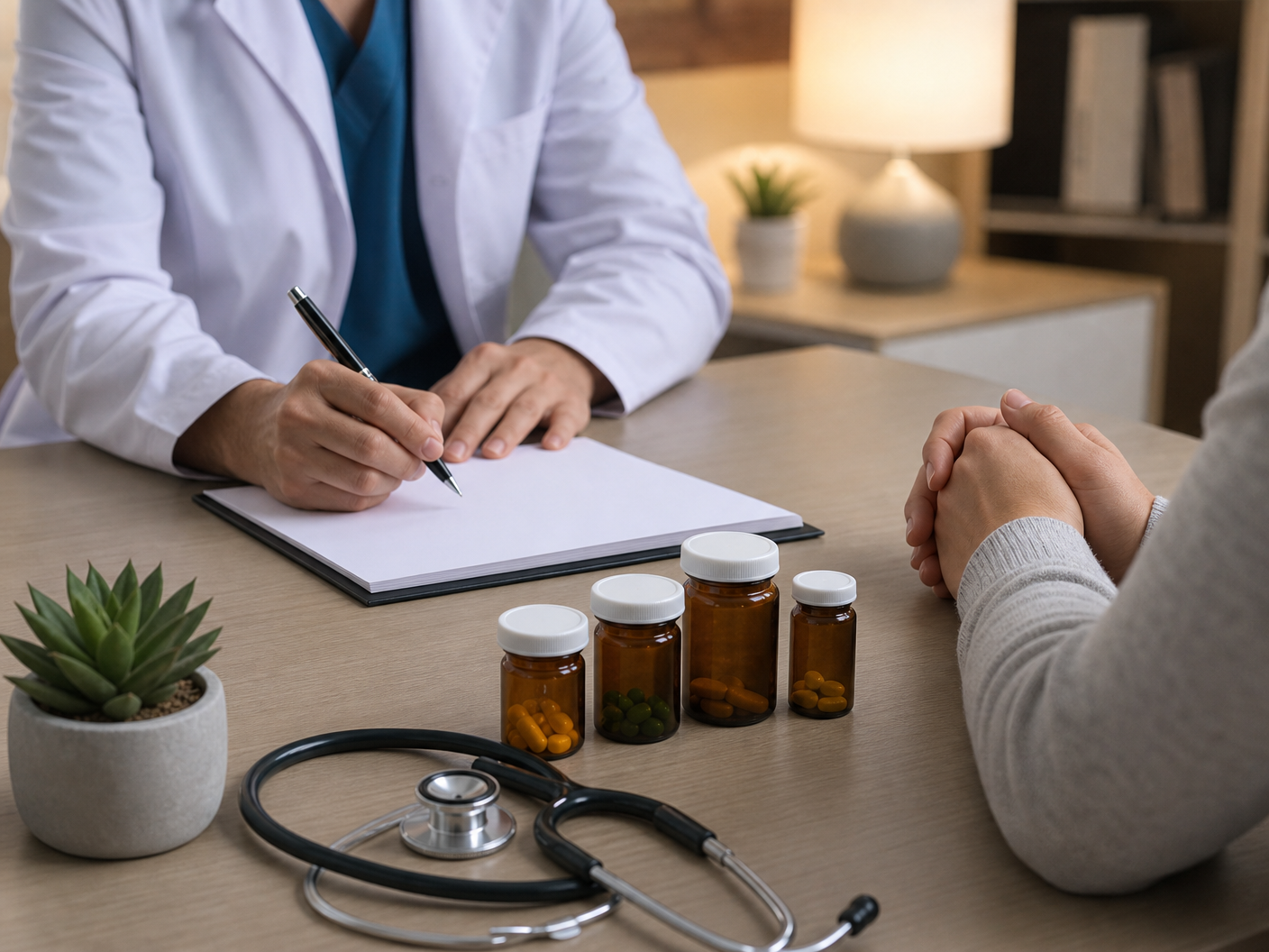 Medication bottles and a clipboard in a clinical setting