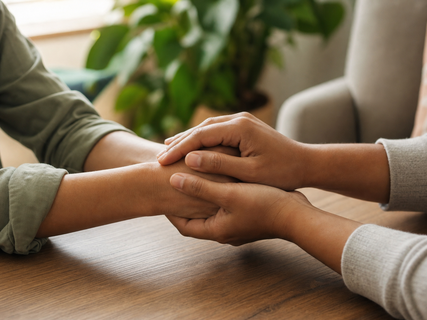 A supportive hand-holding moment representing recovery